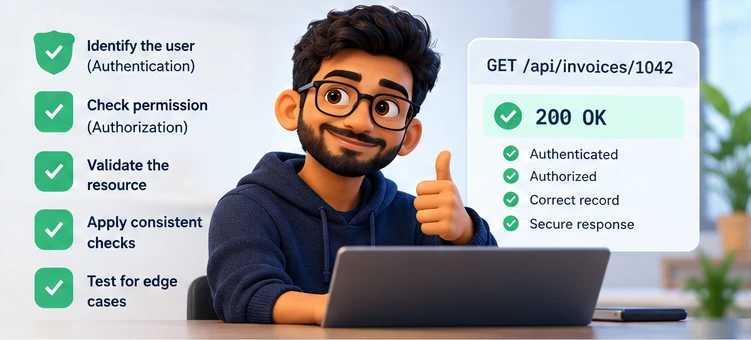 Cartoon developer beside a checklist covering identity, permission, resource validation, consistent checks and edge cases.