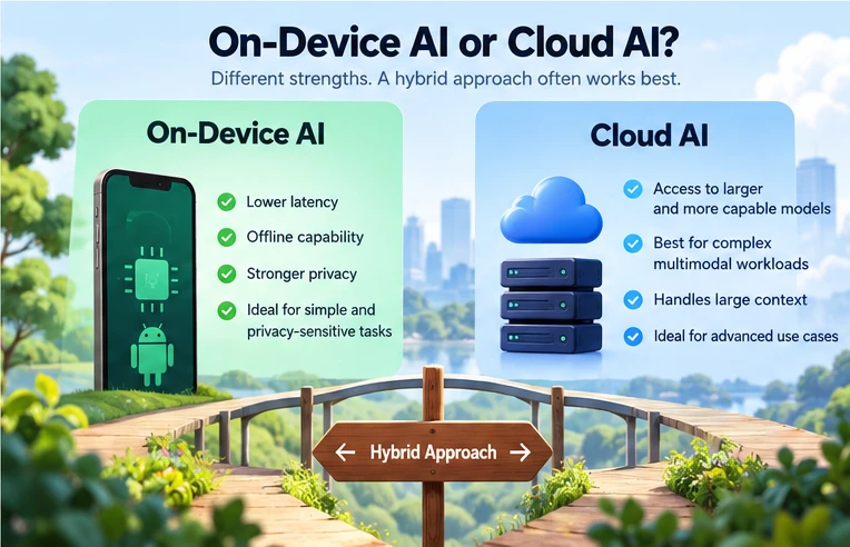 On-device and cloud AI comparison connected by a bridge labelled Hybrid Approach, contrasting local privacy and offline use with cloud model capability.